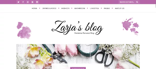 Zarja feminine WordPress blog theme with purple accents and three-post grid