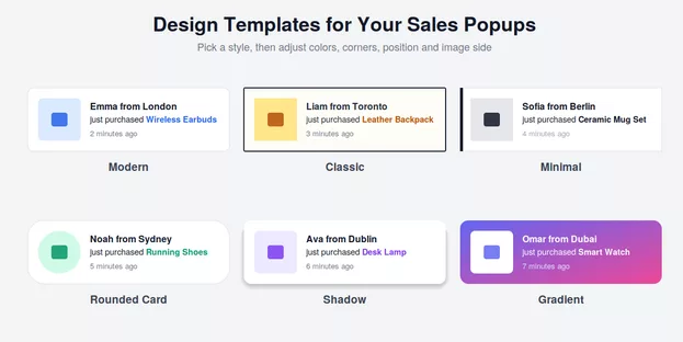 Design templates for the AI Sales Notifications WooCommerce plugin